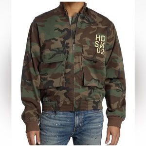 NWT $395 HUDSON Camouflage Logo Bomber Jacket in Army Fatigue S